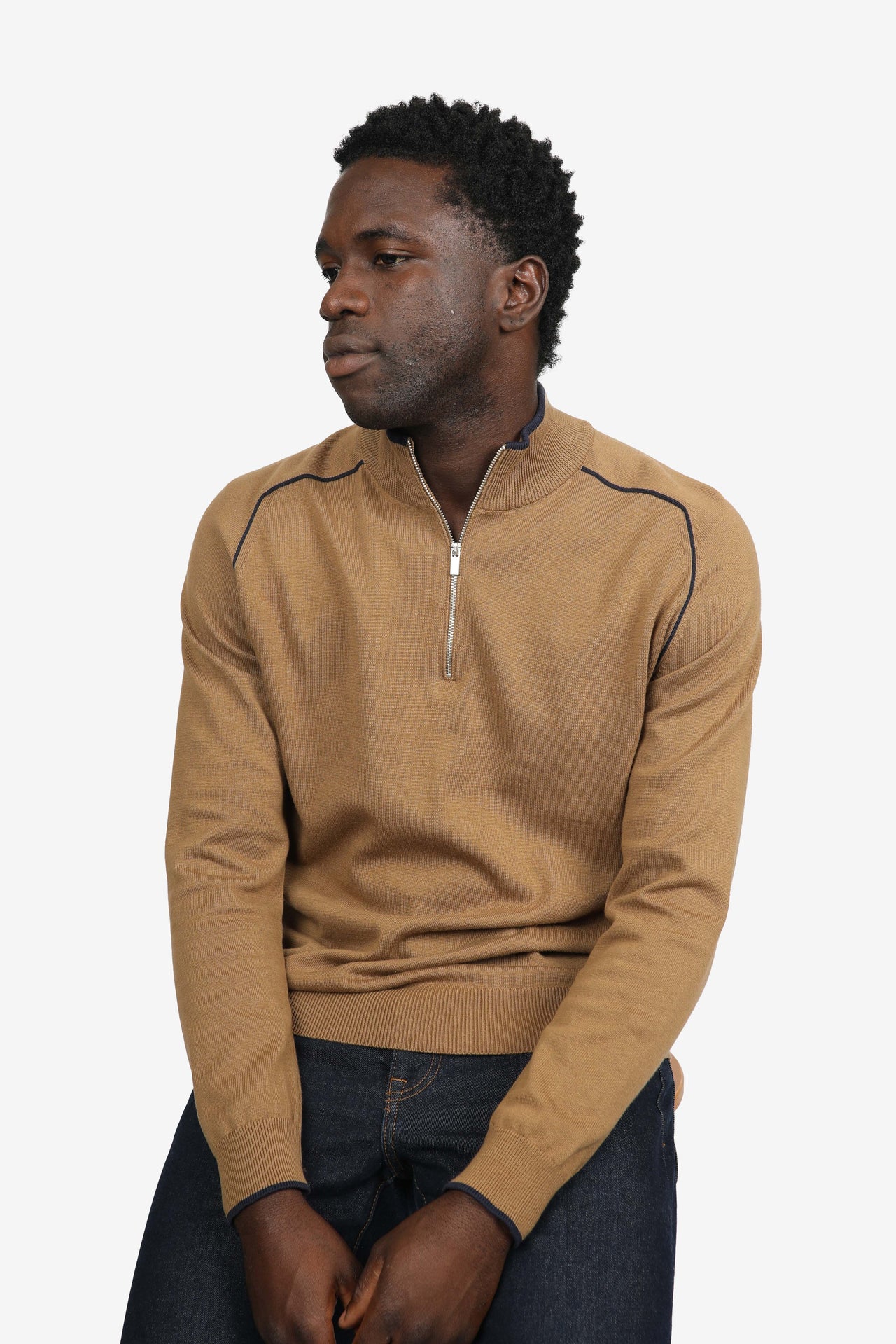 Tobacco Cotton 1/4 Zip Contrast Piping Jumper