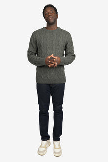  Olive Cotton Chunky Cable Crew Neck Jumper