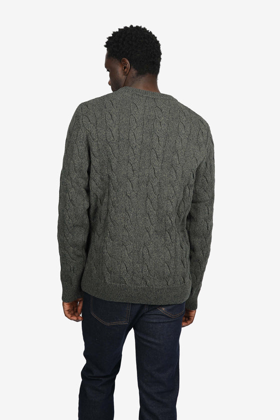 Olive Cotton Chunky Cable Crew Neck Jumper