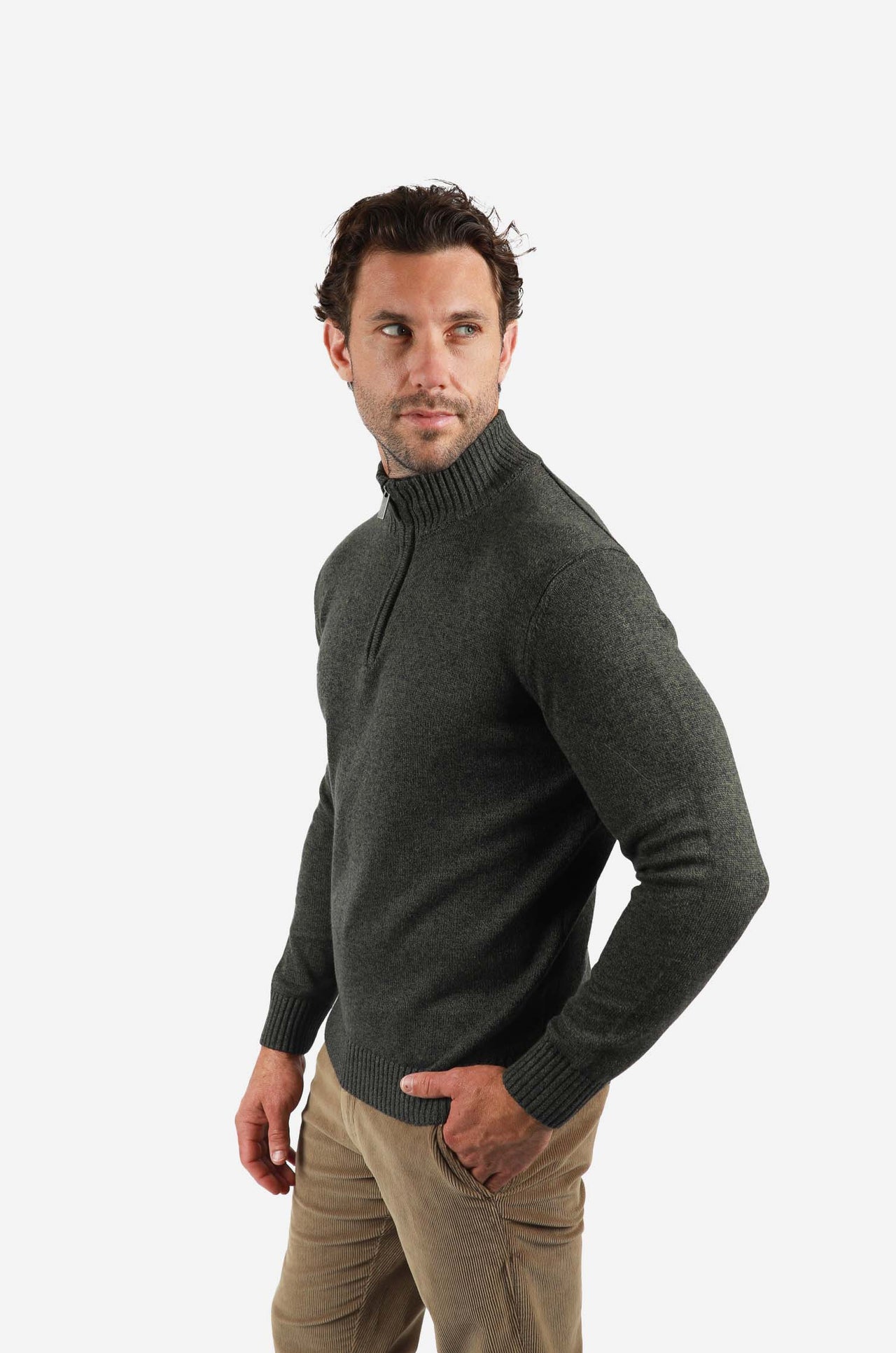 Olive 1/4 Zip Marle Cotton Knitwear