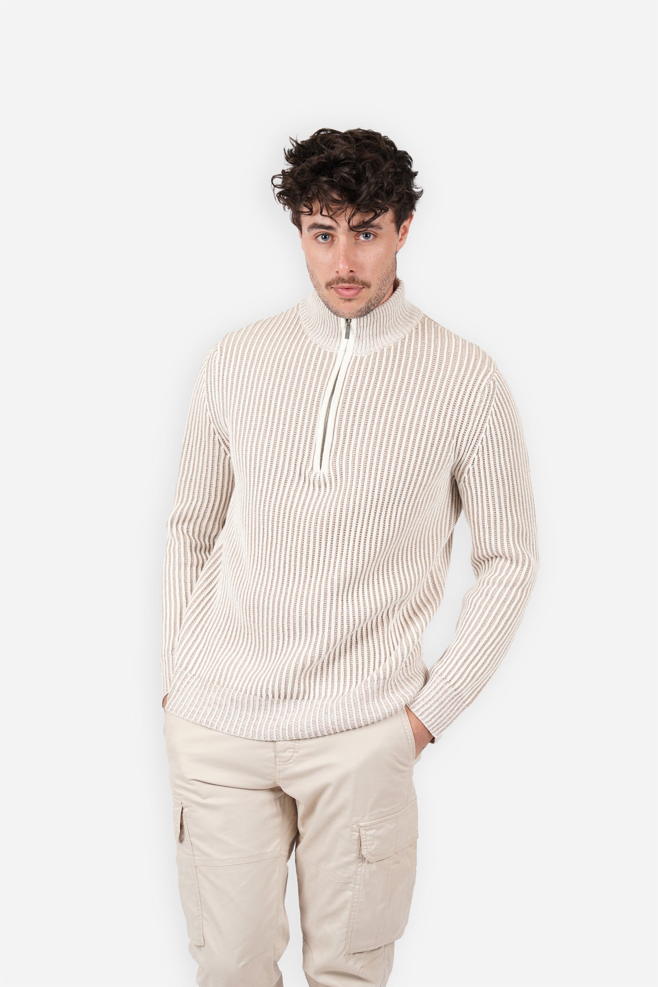 Natural 1/4 Zip Chunky Stripe