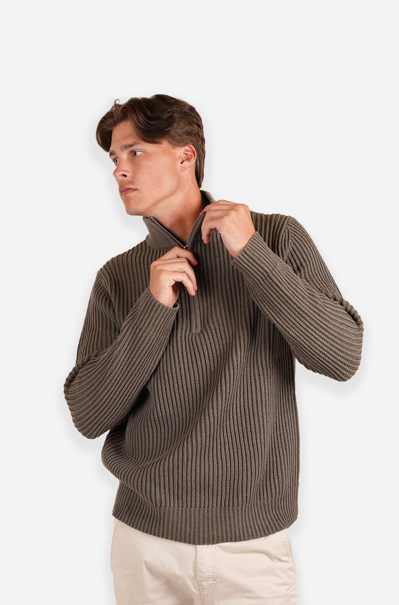 Olive 1/4 Zip Chunky Stripe