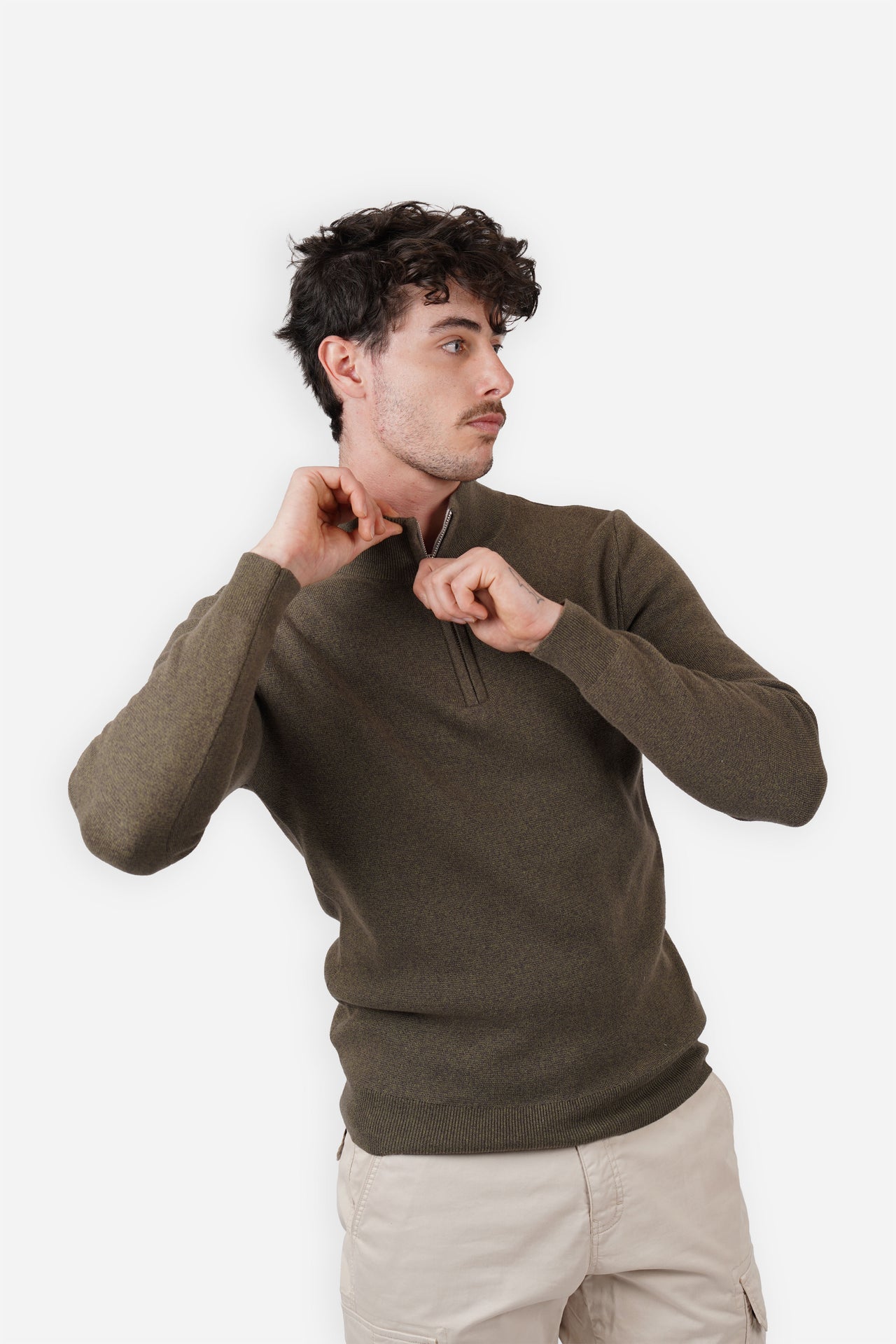Olive 1/4 Zip Marle Knit