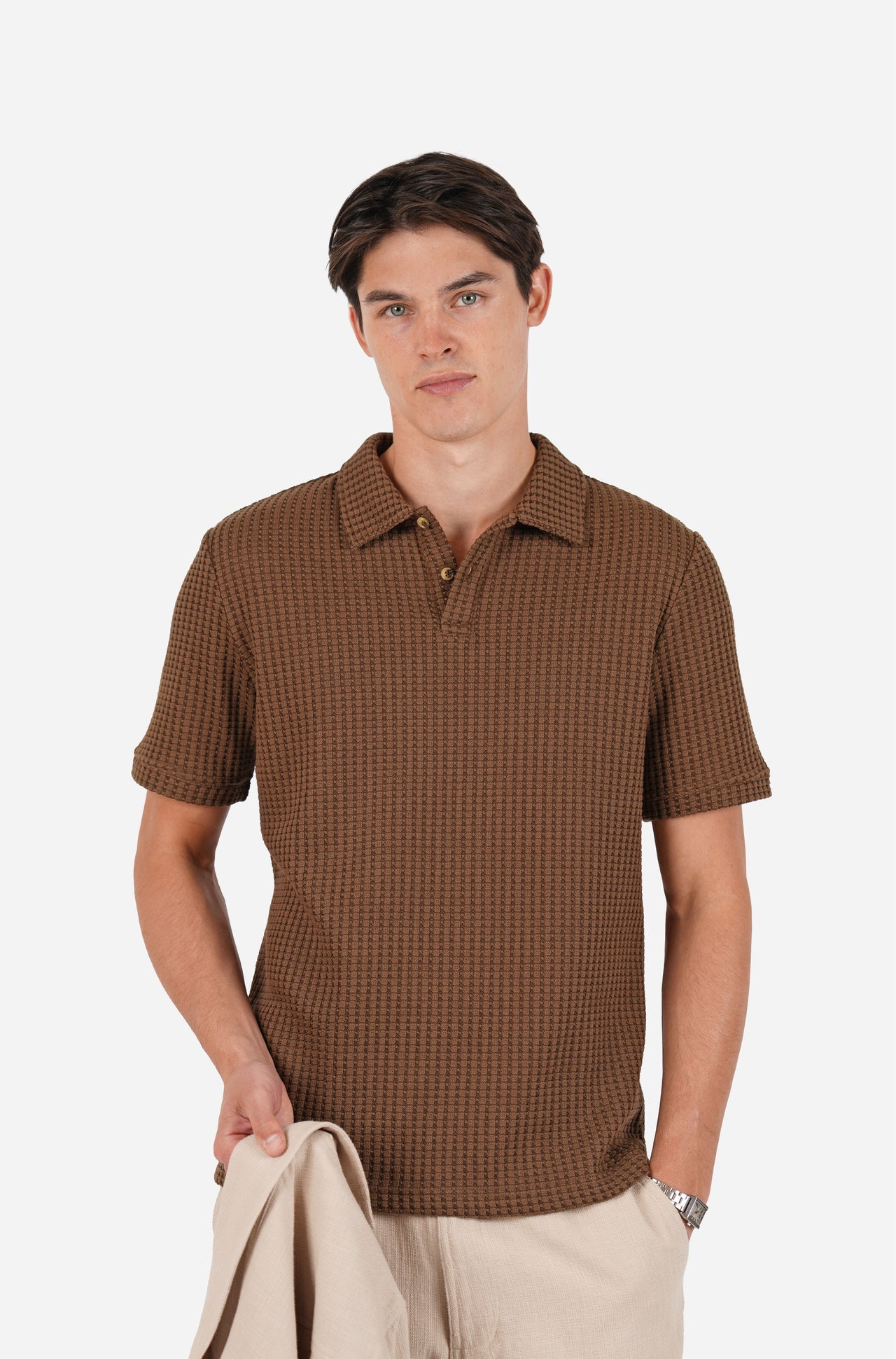 Cotton Waffle Short Sleeve 3 Button Polo Mushroom
