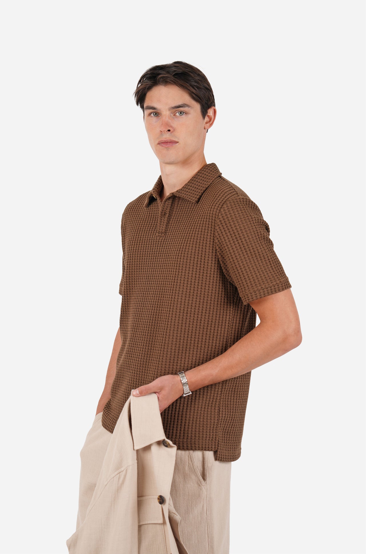 Cotton Waffle Short Sleeve 3 Button Polo Mushroom