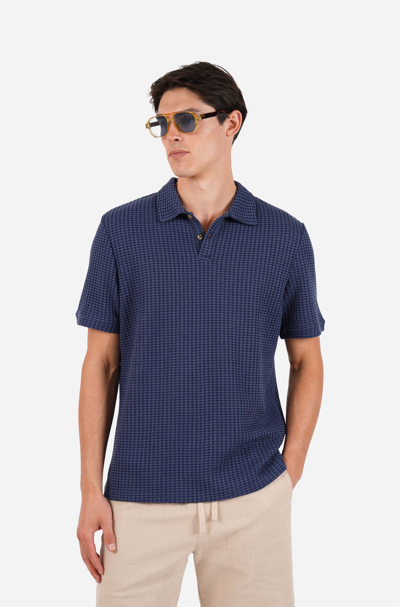 Cotton Waffle Short Sleeve 3 Button Polo Navy