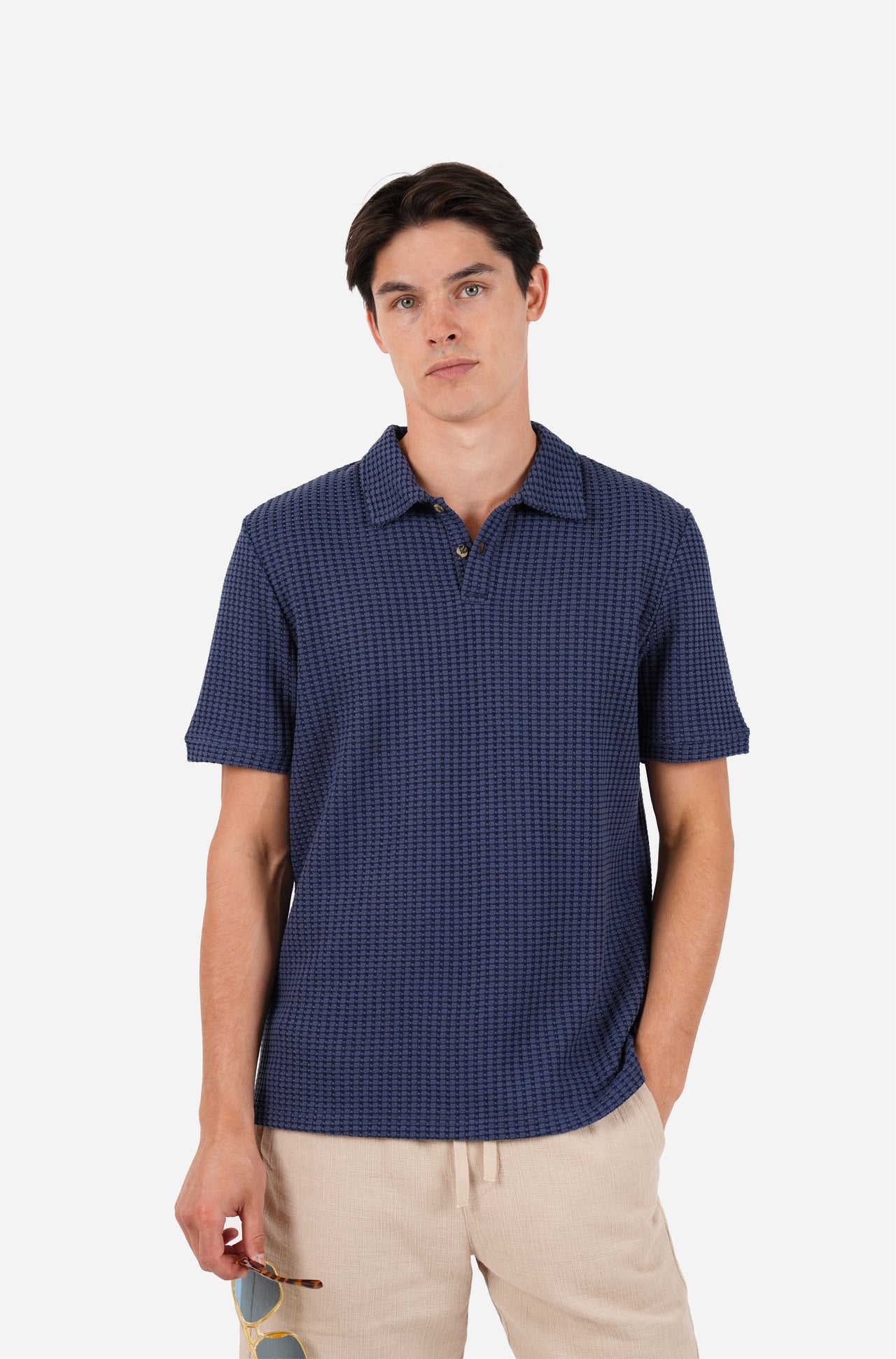 Cotton Waffle Short Sleeve 3 Button Polo Navy
