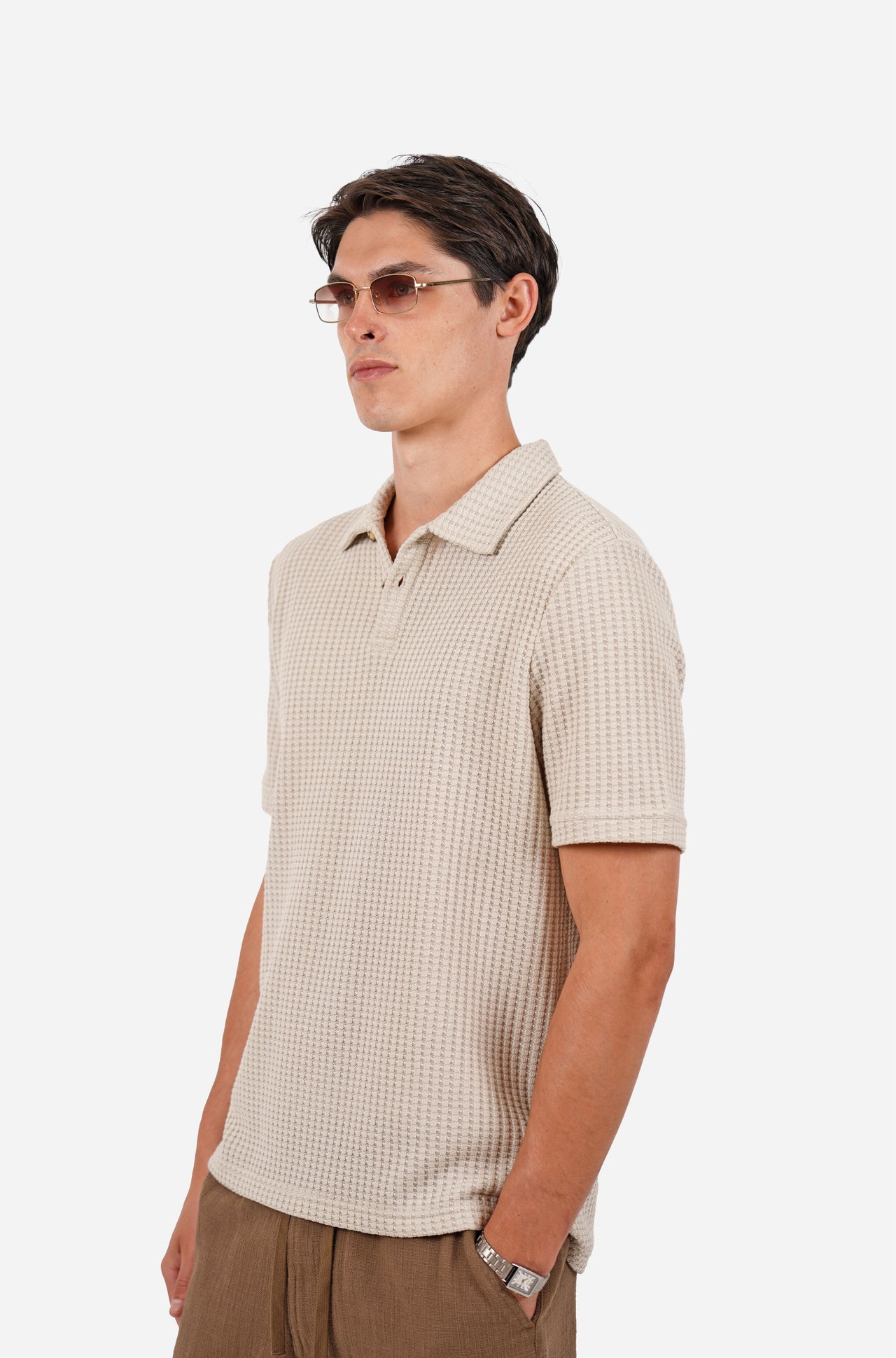 Cotton Waffle Short Sleeve 3 Button Polo Pebble