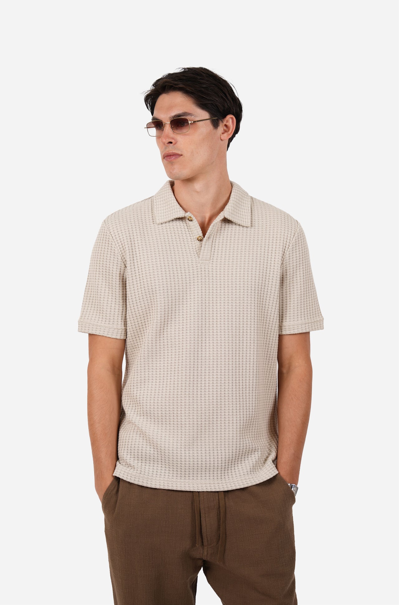 Cotton Waffle Short Sleeve 3 Button Polo Pebble