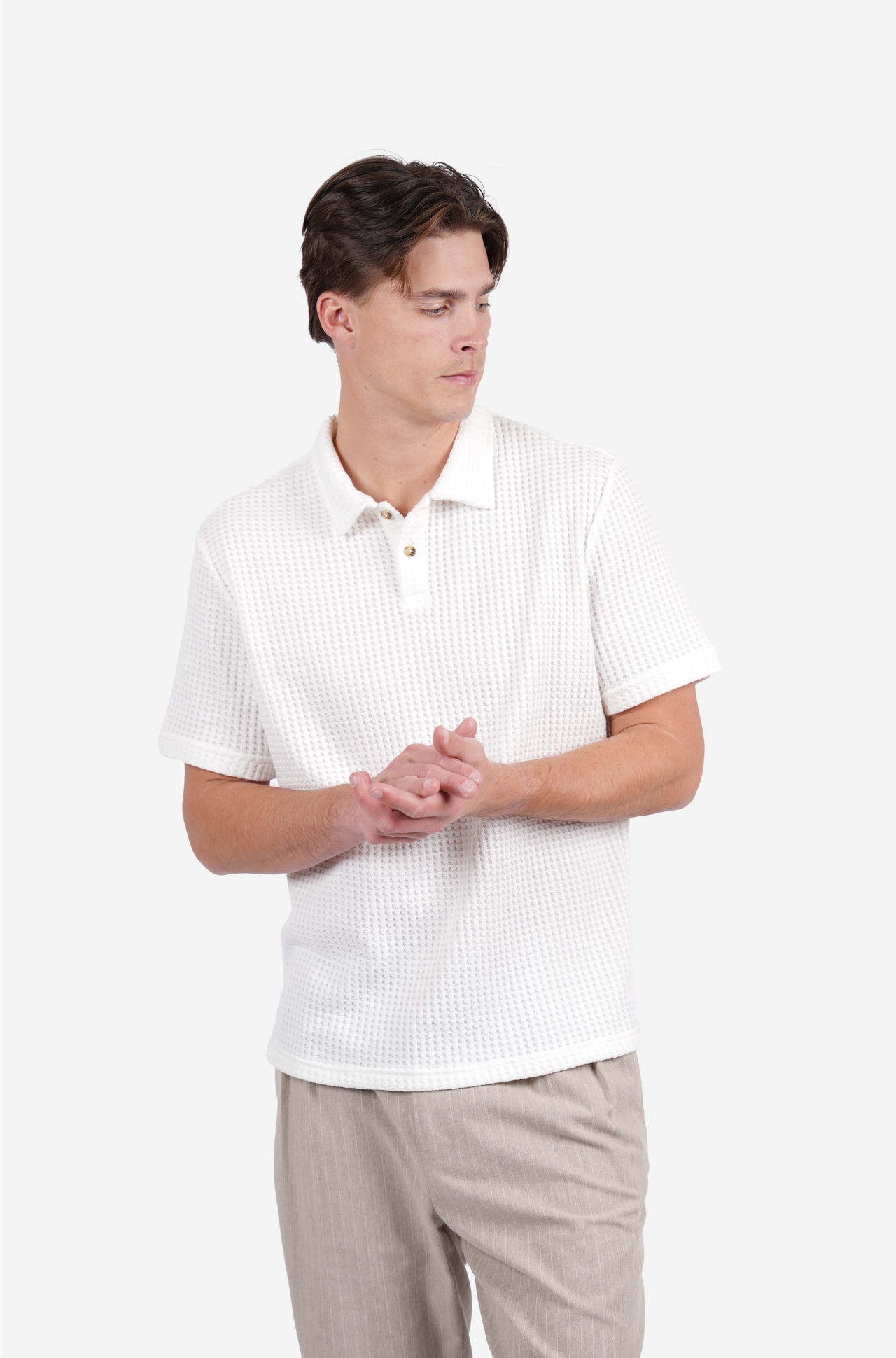 Cotton Waffle Short Sleeve 3 Button Polo White