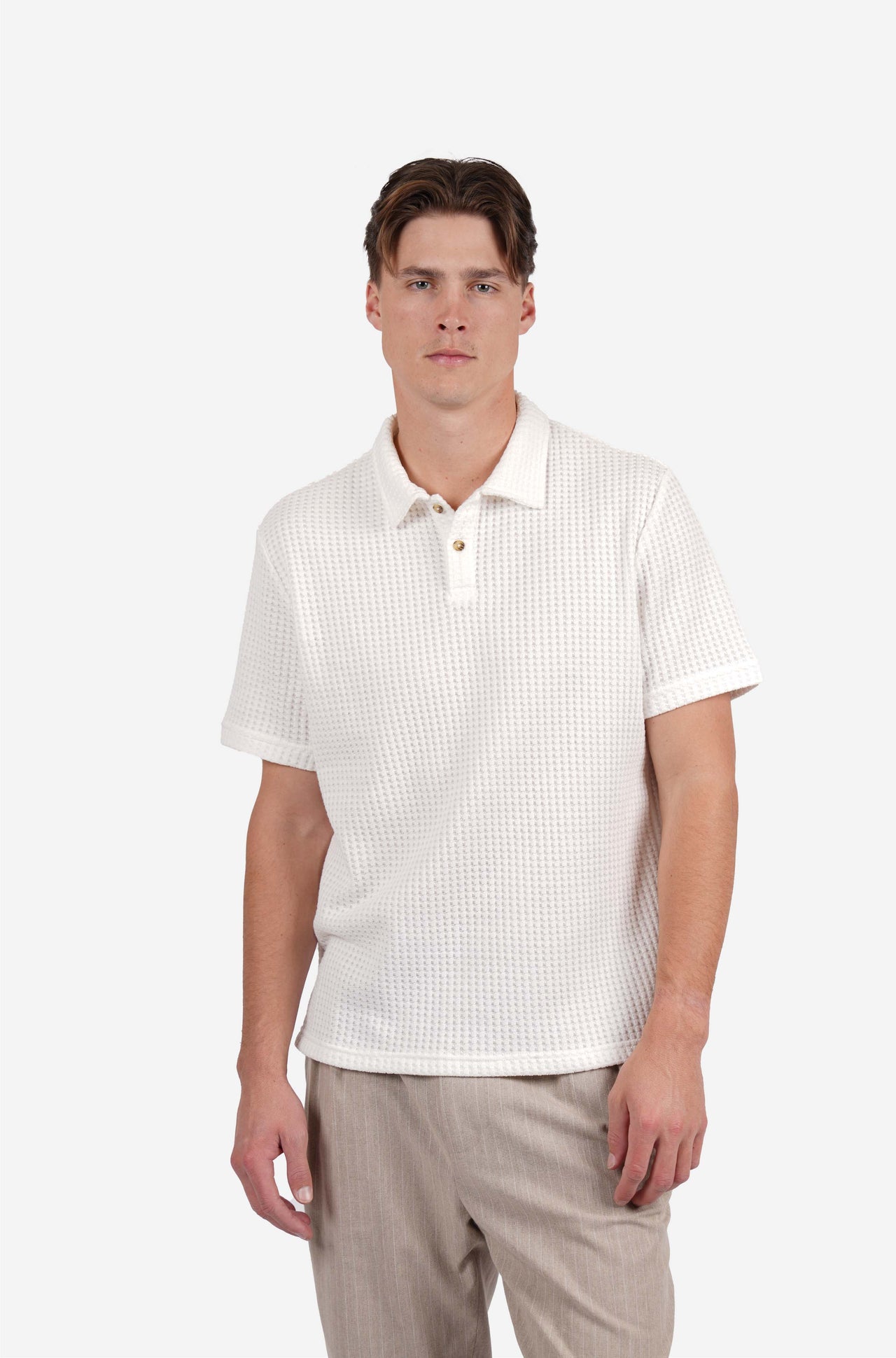 Cotton Waffle Short Sleeve 3 Button Polo White