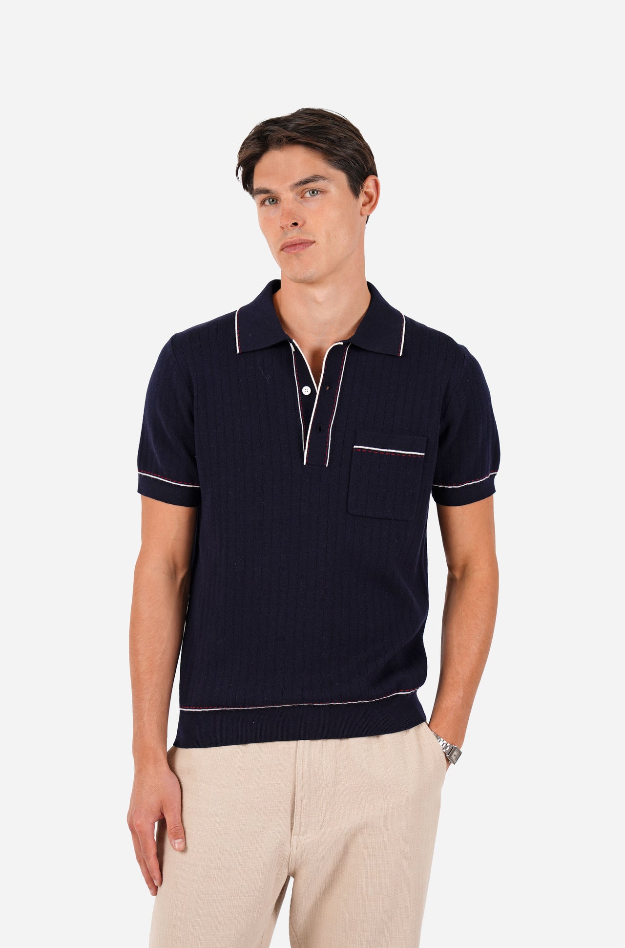 Contrast Trim Open Neck Navy Polo