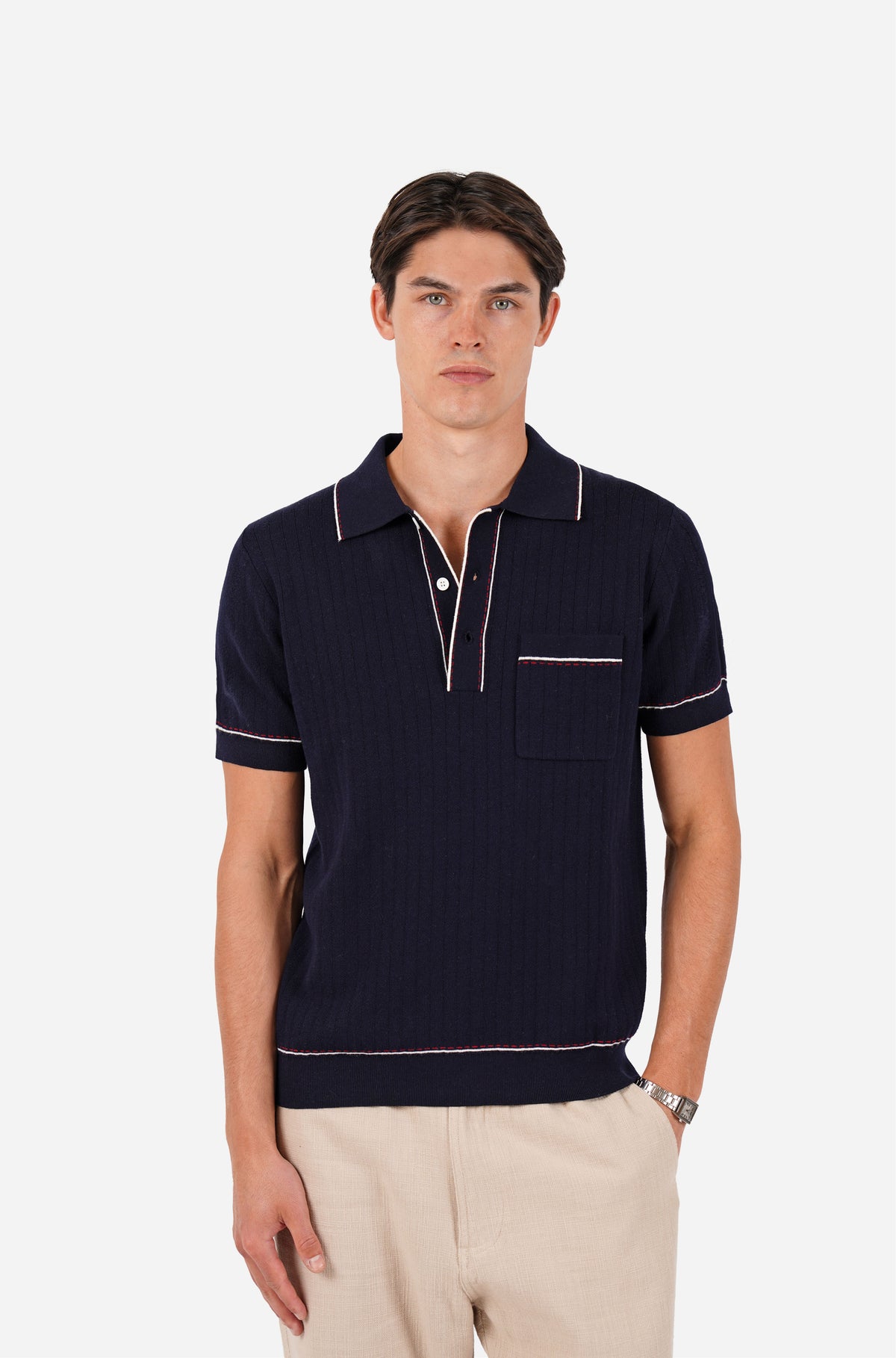 Contrast Trim Open Neck Navy Polo