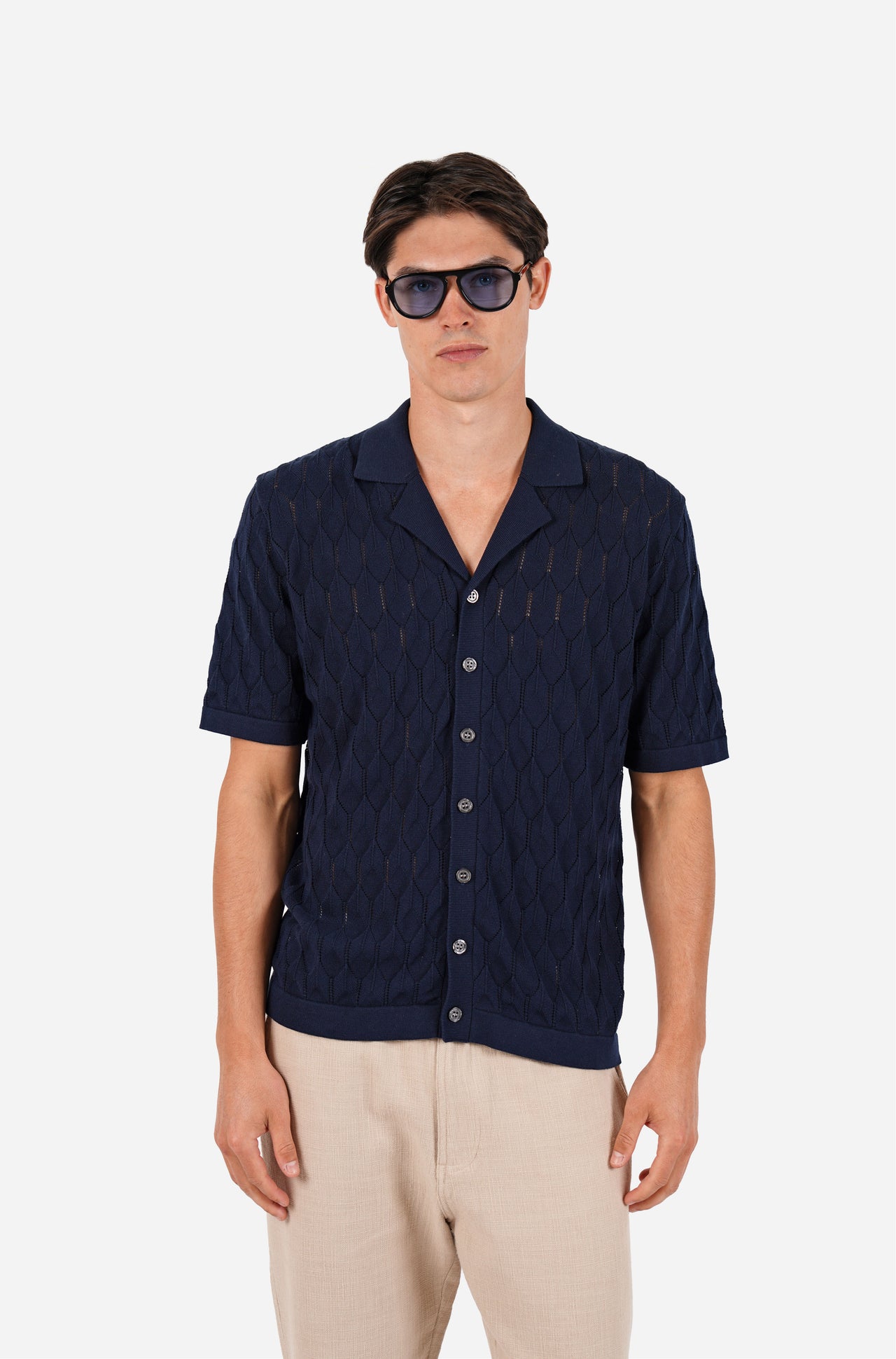 Short Sleeve Button Through Knitted Shirt Navy
