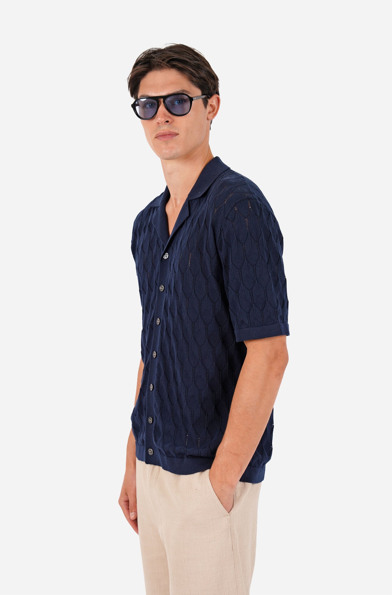 Short Sleeve Button Through Knitted Shirt Navy