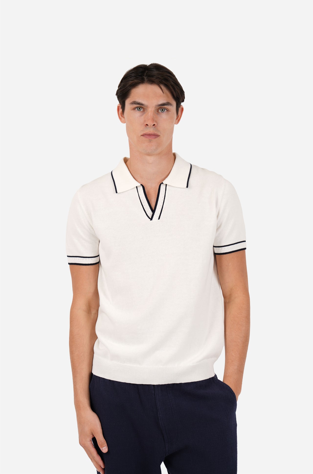 Short Sleeve Cotton Open Neck Polo Natural
