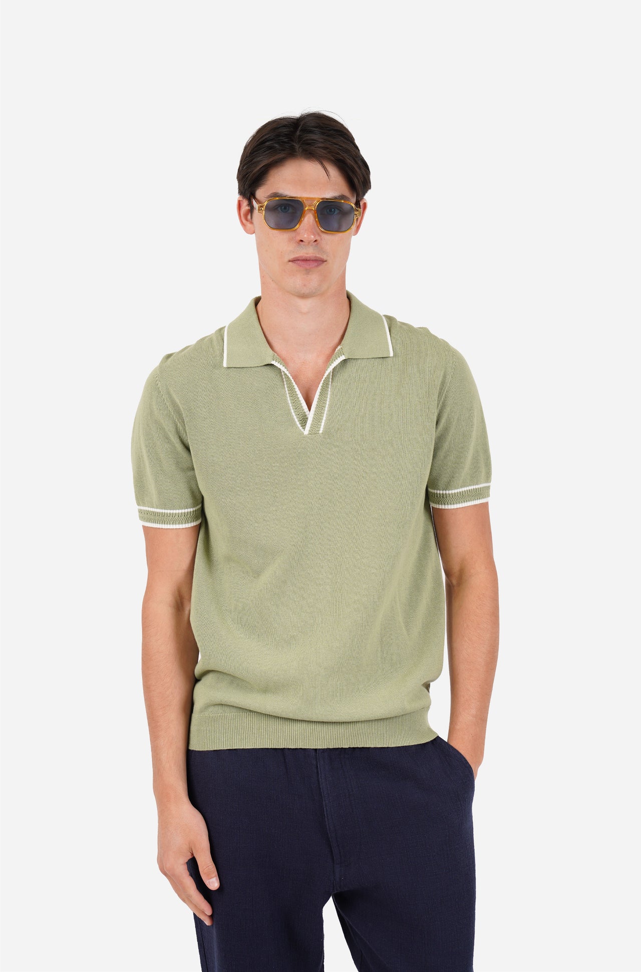 Short Sleeve Cotton Open Neck Polo Sage