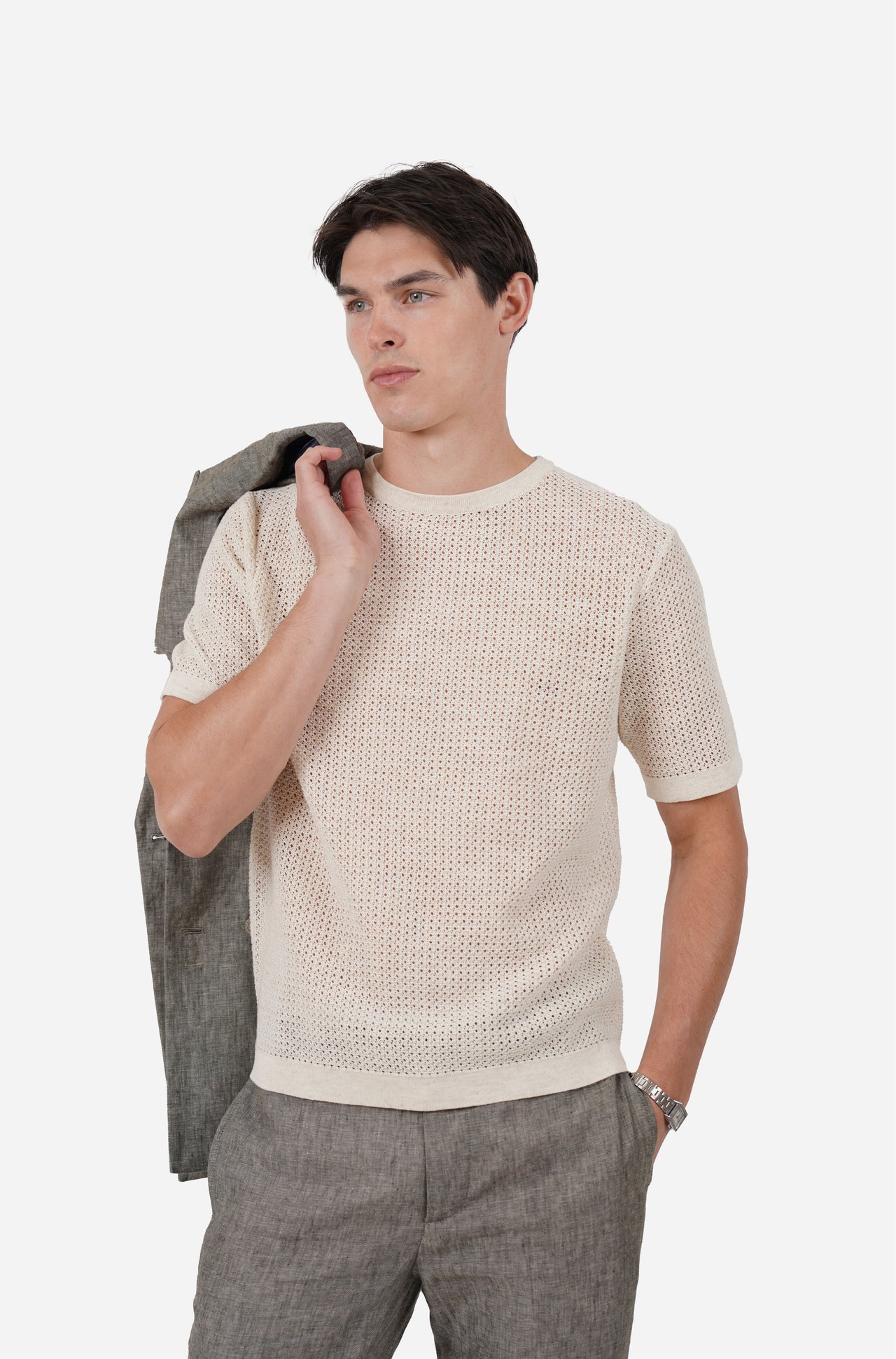 Short Sleeve Crew Neck Crochet Linen Blend Tee Natural Marle