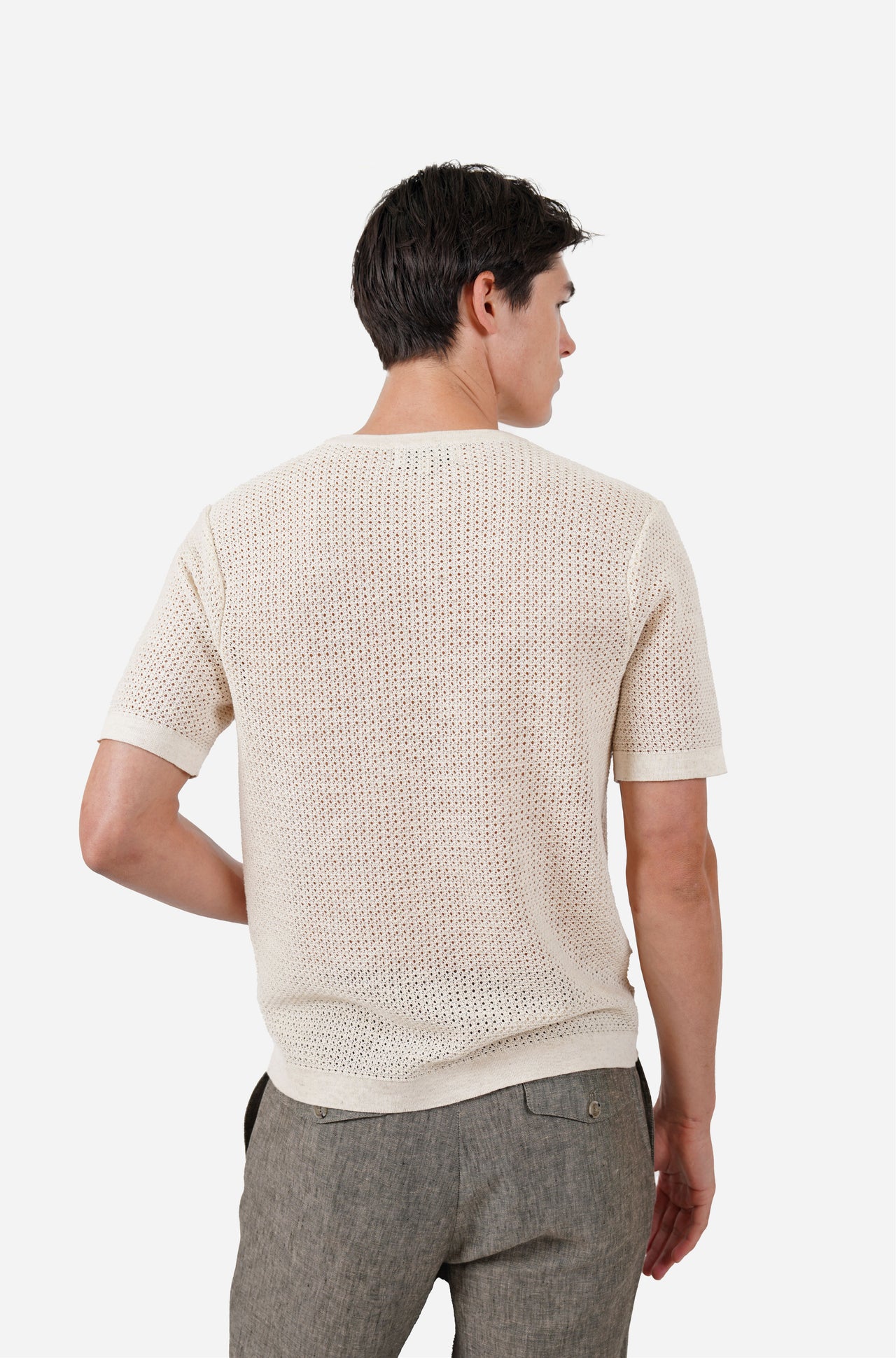 Short Sleeve Crew Neck Crochet Linen Blend Tee Natural Marle