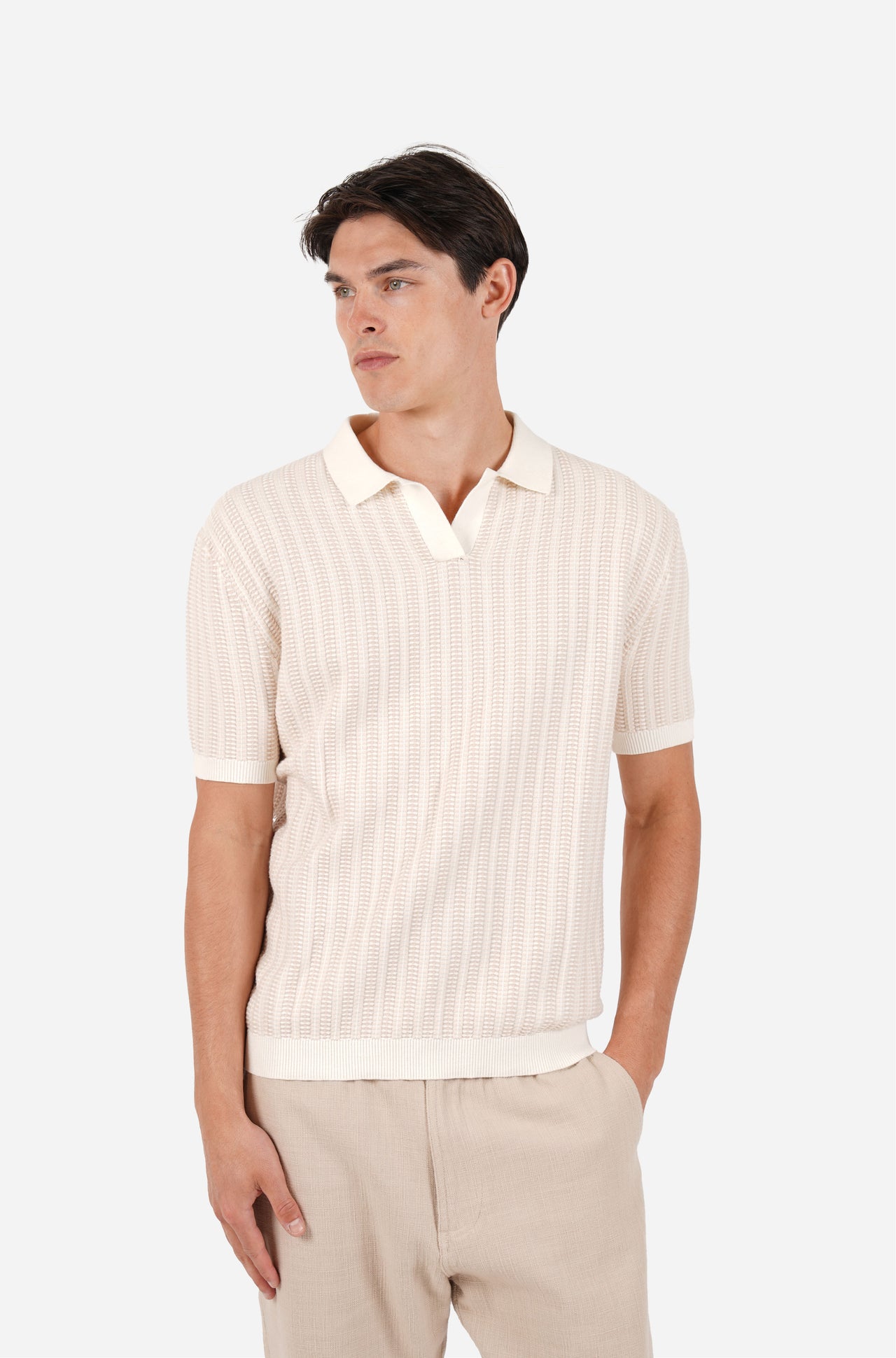 Short Sleeve Cotton Open Neck Polo Natural
