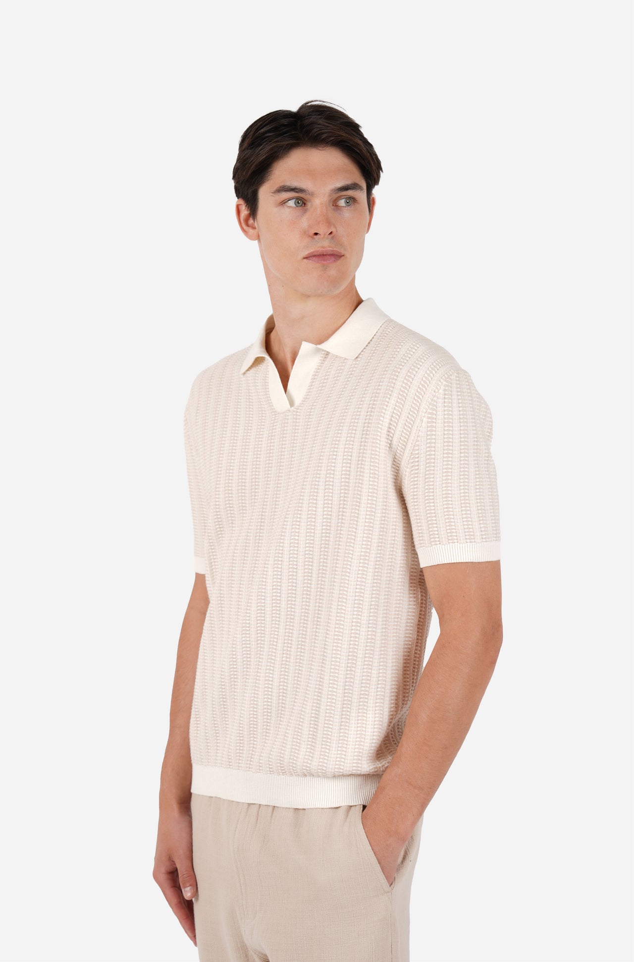 Short Sleeve Cotton Open Neck Polo Natural