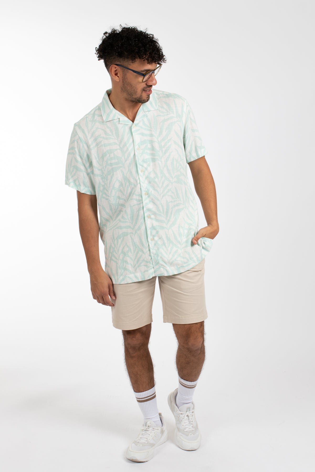 Blue Leaf Flow Cuban Collar Linen Shirt