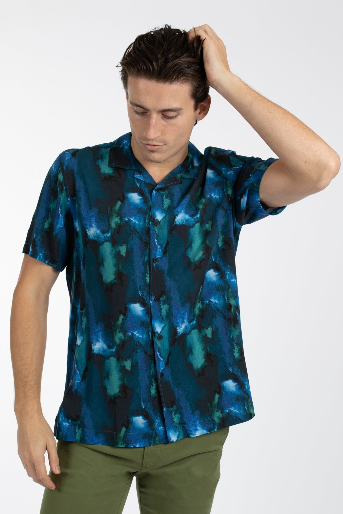 Navy Abstract Erosion Cuban Collar Shirt