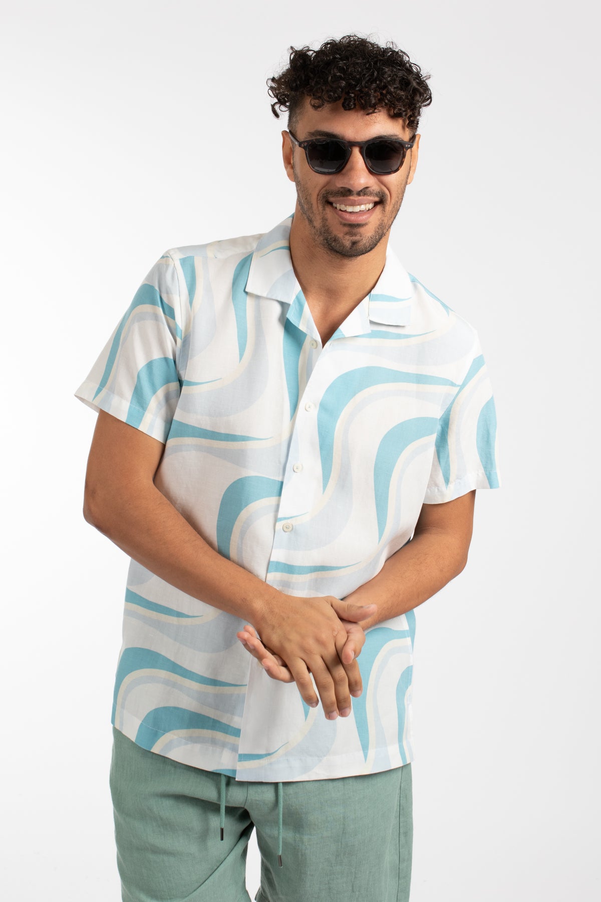 Blue Linen Tencel Waves Cuban Collar Shirt