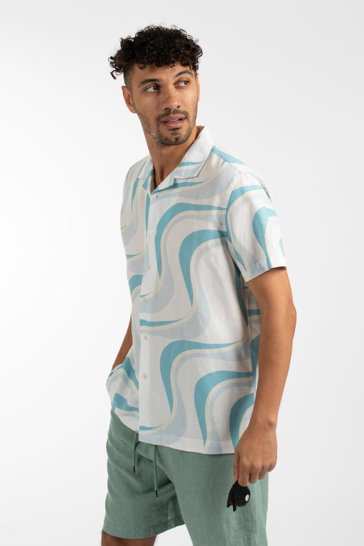 Blue Linen Tencel Waves Cuban Collar Shirt