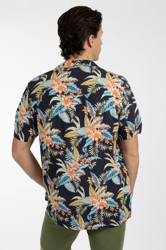 Navy Aloha Cuban Collar Linen  Shirt