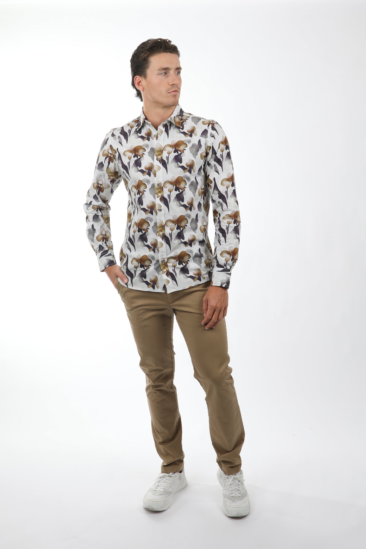 Floral Khaki  Peached Cotton Poplin Shirt