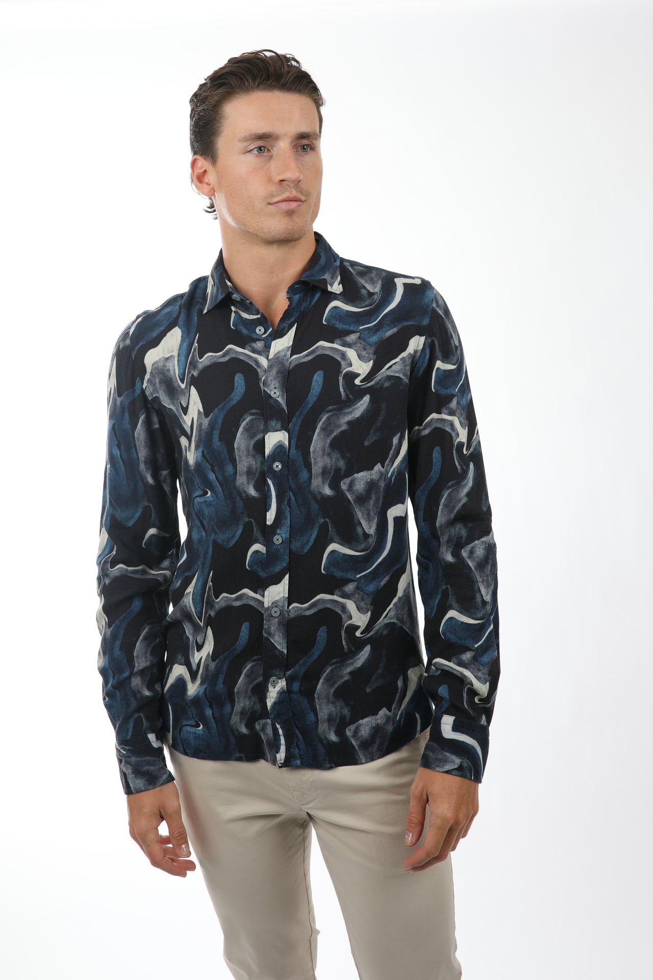 Navy Earth Texture Viscose Shirt
