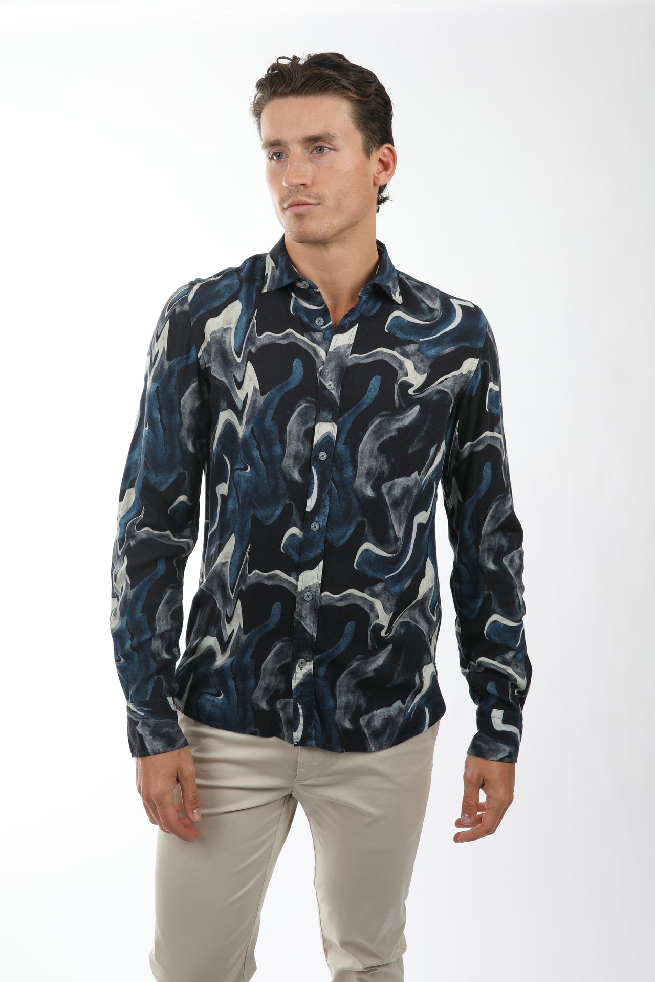 Navy Earth Texture Viscose Shirt