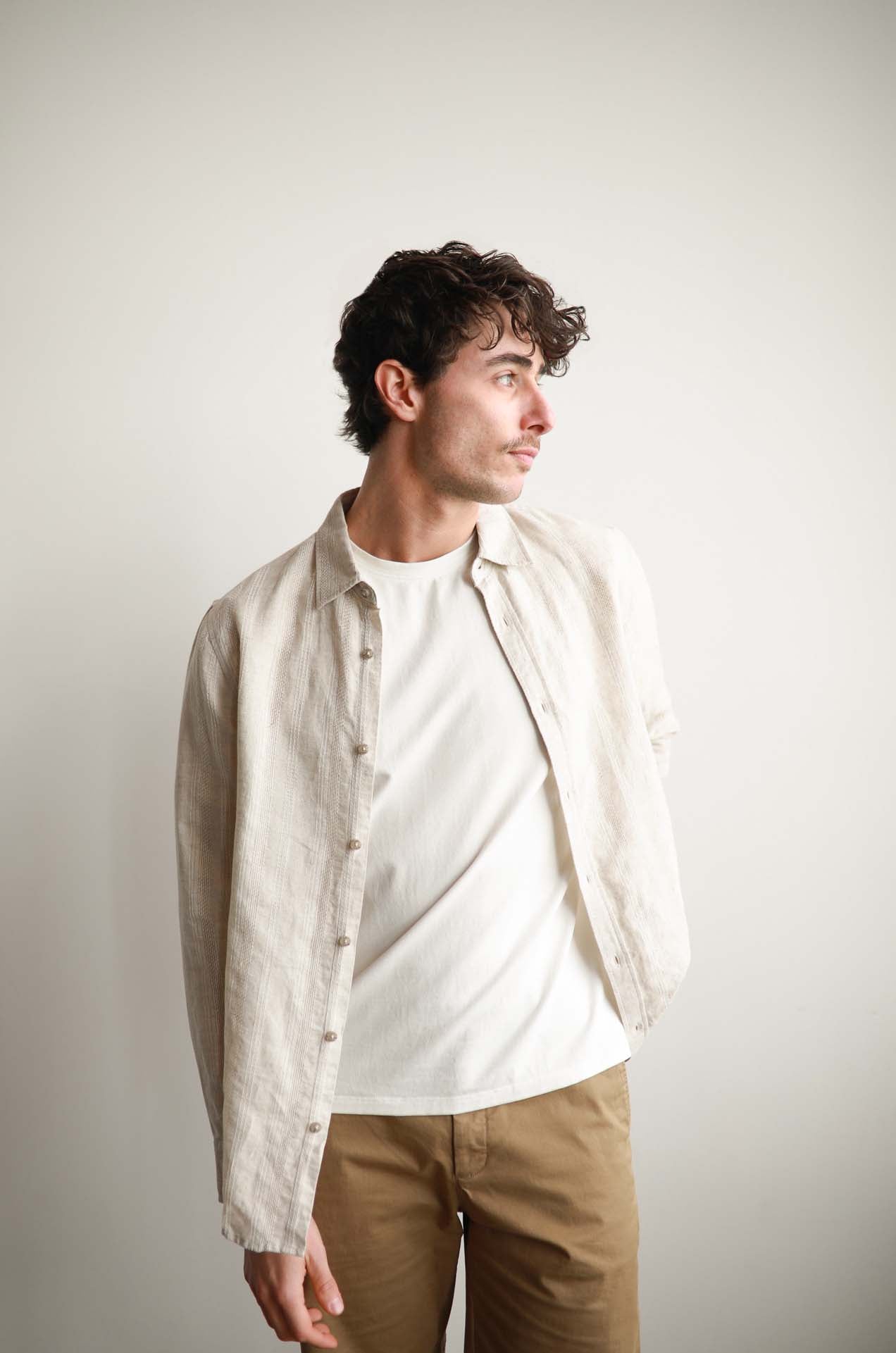 Natural Self Stripe Textured Long Sleeve Linen Shirt