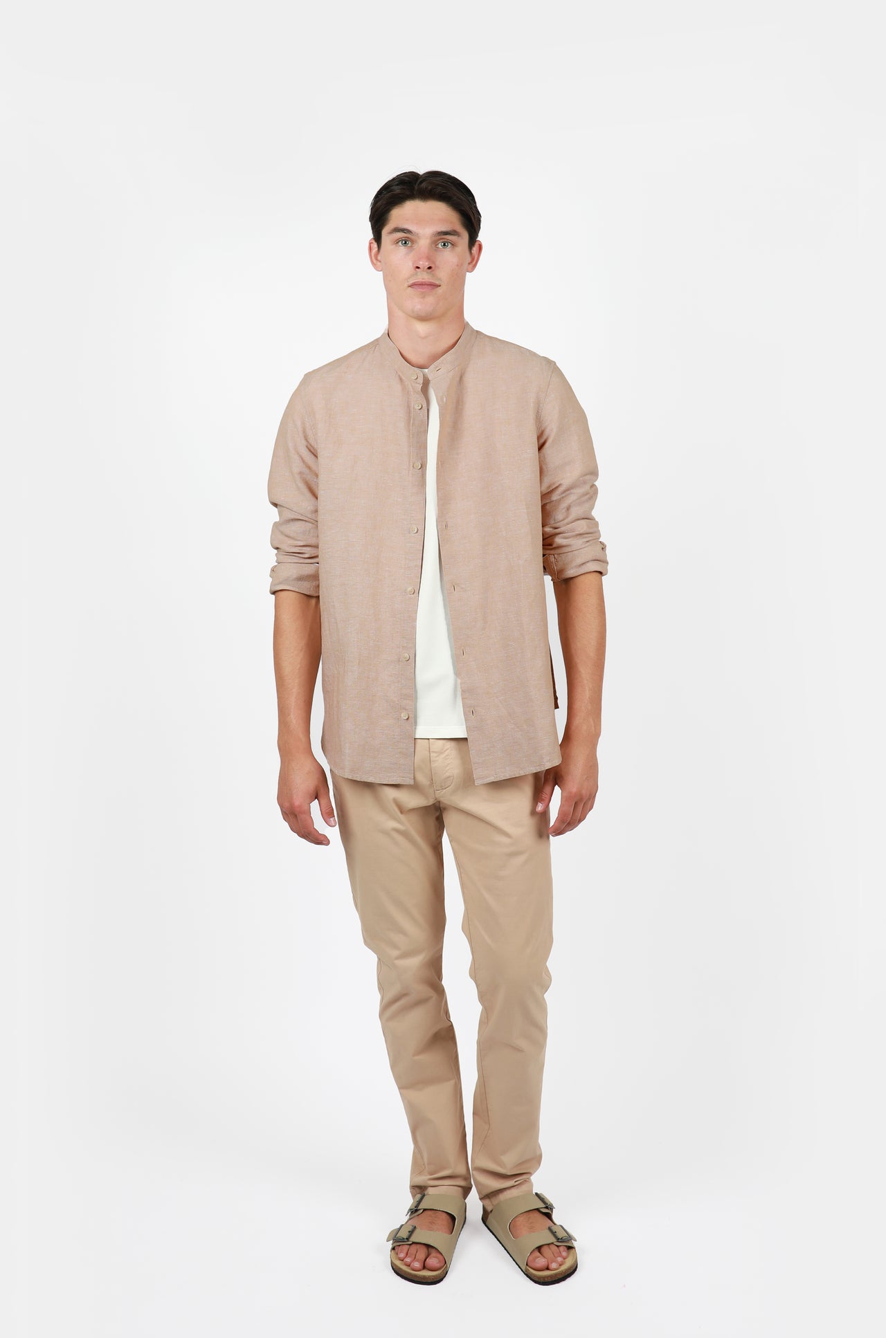 Wheat Long Sleeve Linen Blend Grandpa Collar Shirt