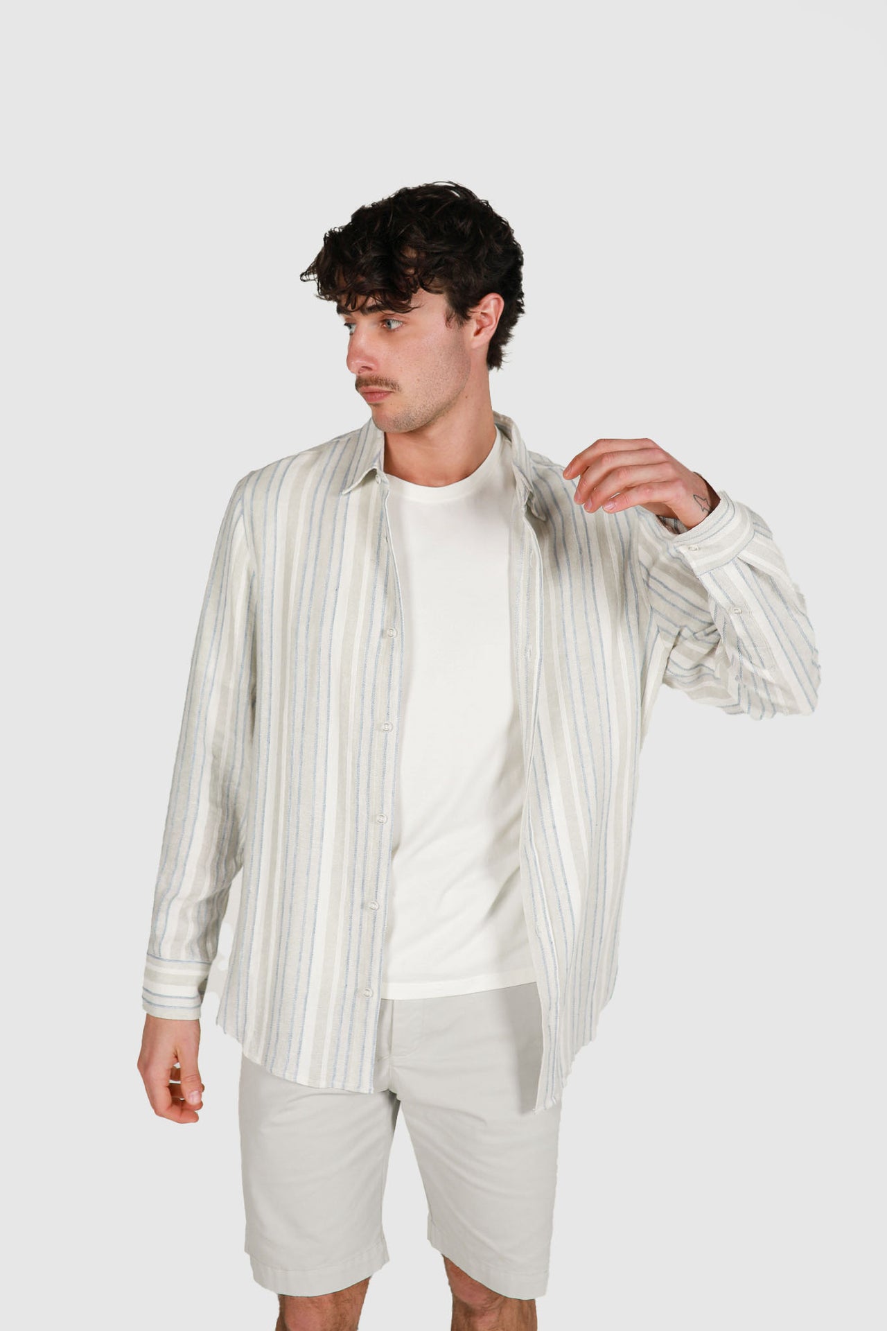 Faded Blue Textured Stripe Long Sleeve Linen Shirt