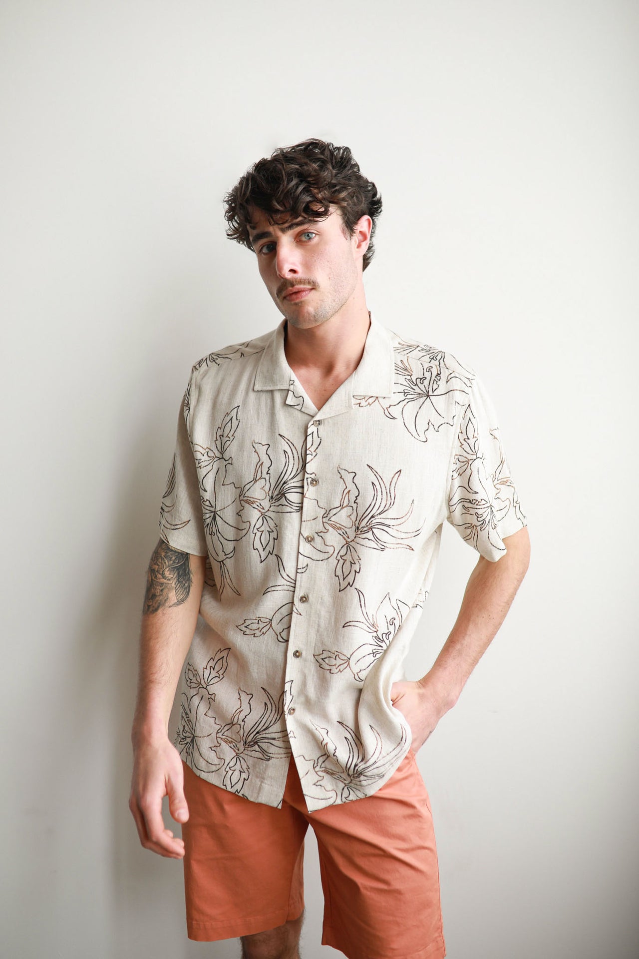 Mocha Havanna Cuban Collar Linen Shirt