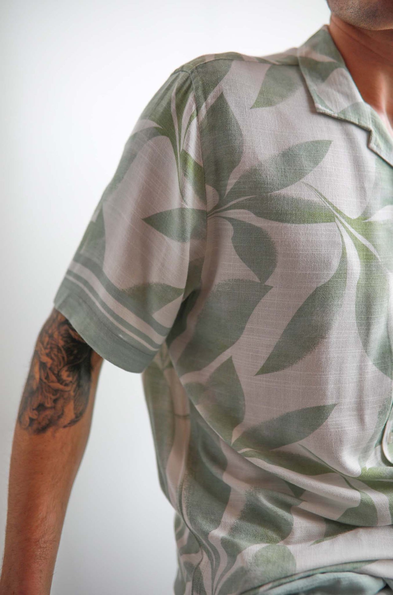 Sage Banana Leaf Border Cuban Collar Shirt