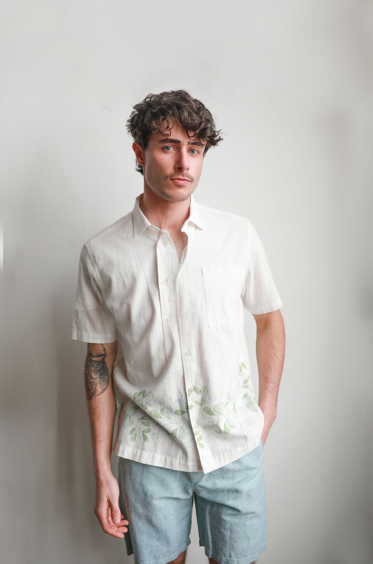 Green Floral Short Sleeve Piece Collar Shirt