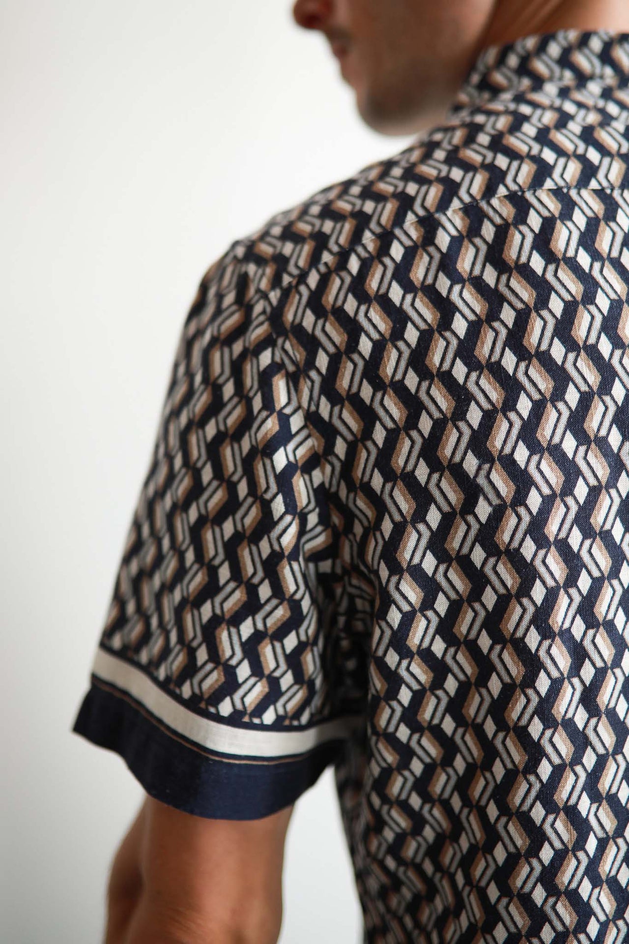 Navy Malt Cannes Border Cuban Collar Linen Shirt