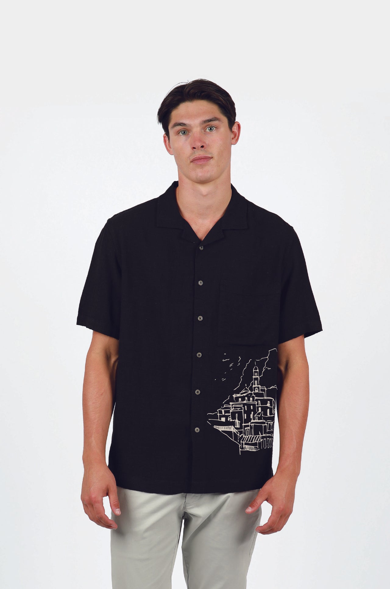 Black Amalfi Cuban Collar Linen Shirt