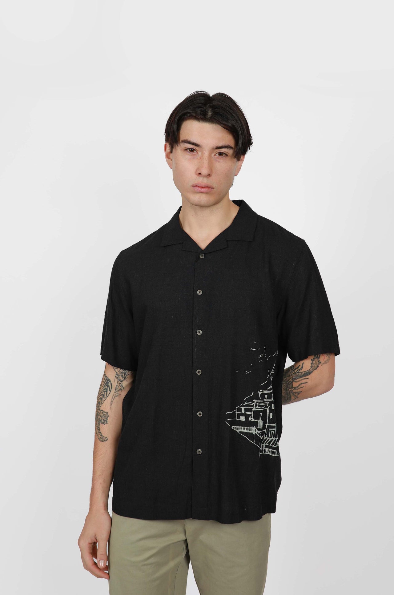 Black Amalfi Cuban Collar Linen Shirt