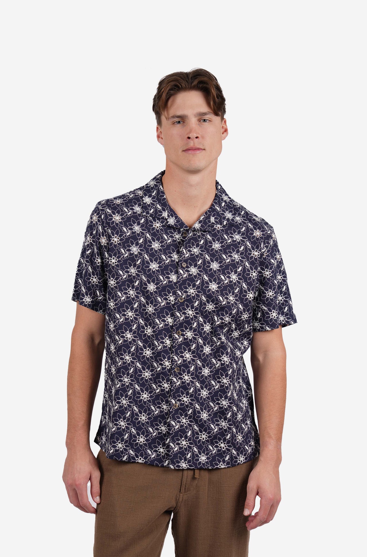 Short sleeve floral embroidery shirt navy