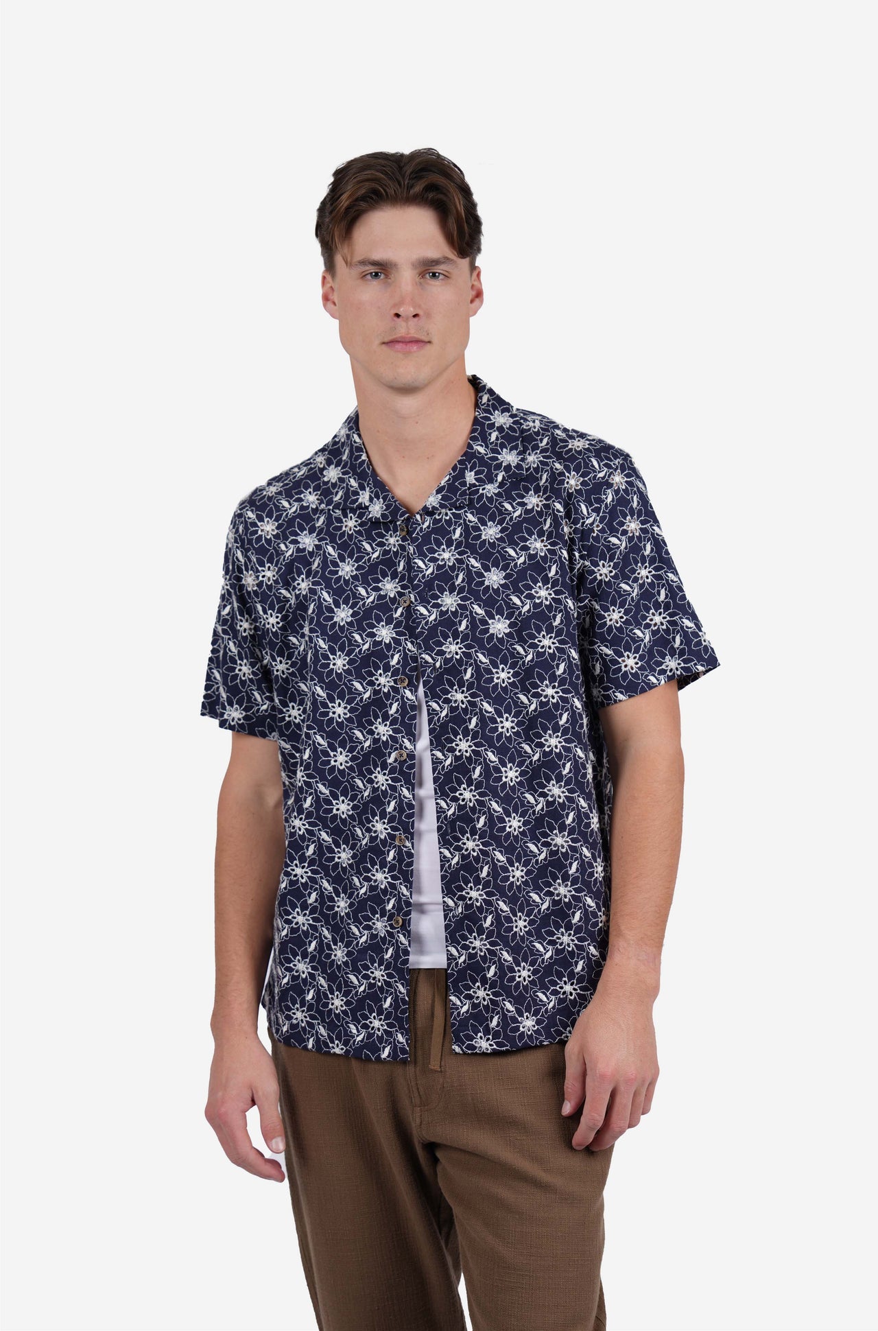 Short sleeve floral embroidery shirt navy