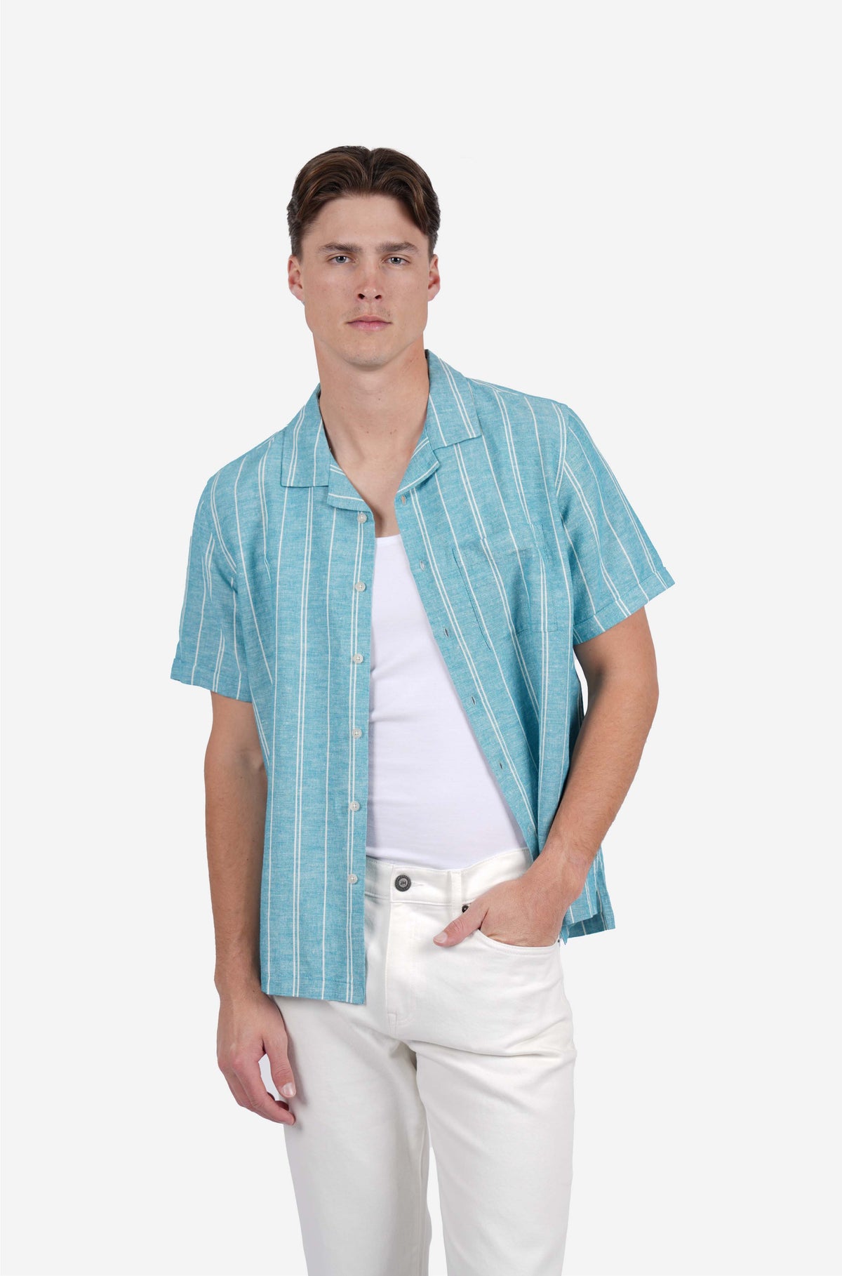 Wide Stripe Ss Cuban Collar Aqua