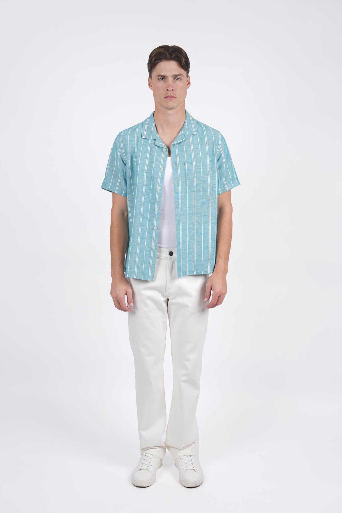 Wide Stripe Ss Cuban Collar Aqua