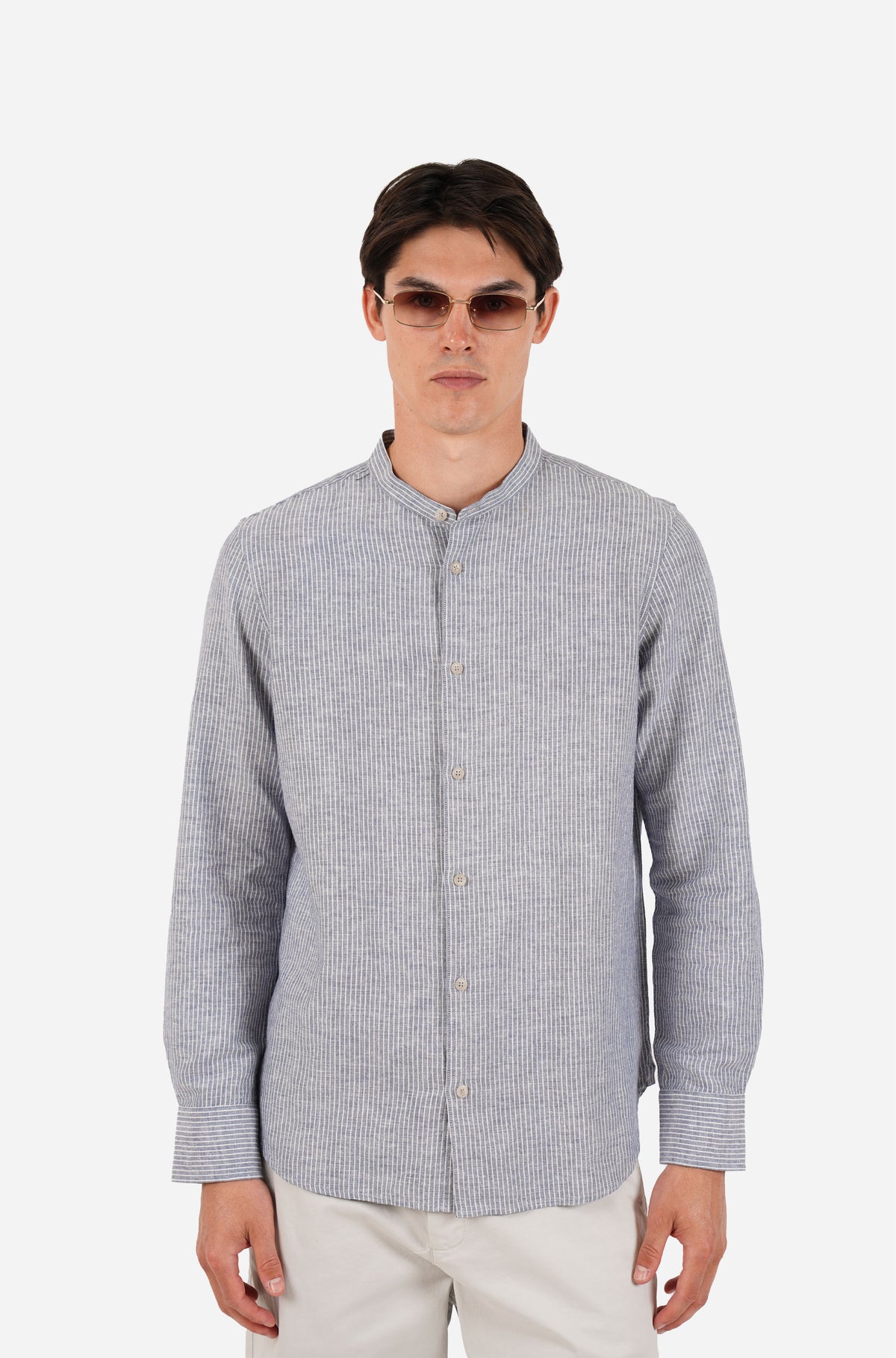 Long Sleeve Linen Blend Grandpa Collar Fine Stripe Shirt Blue