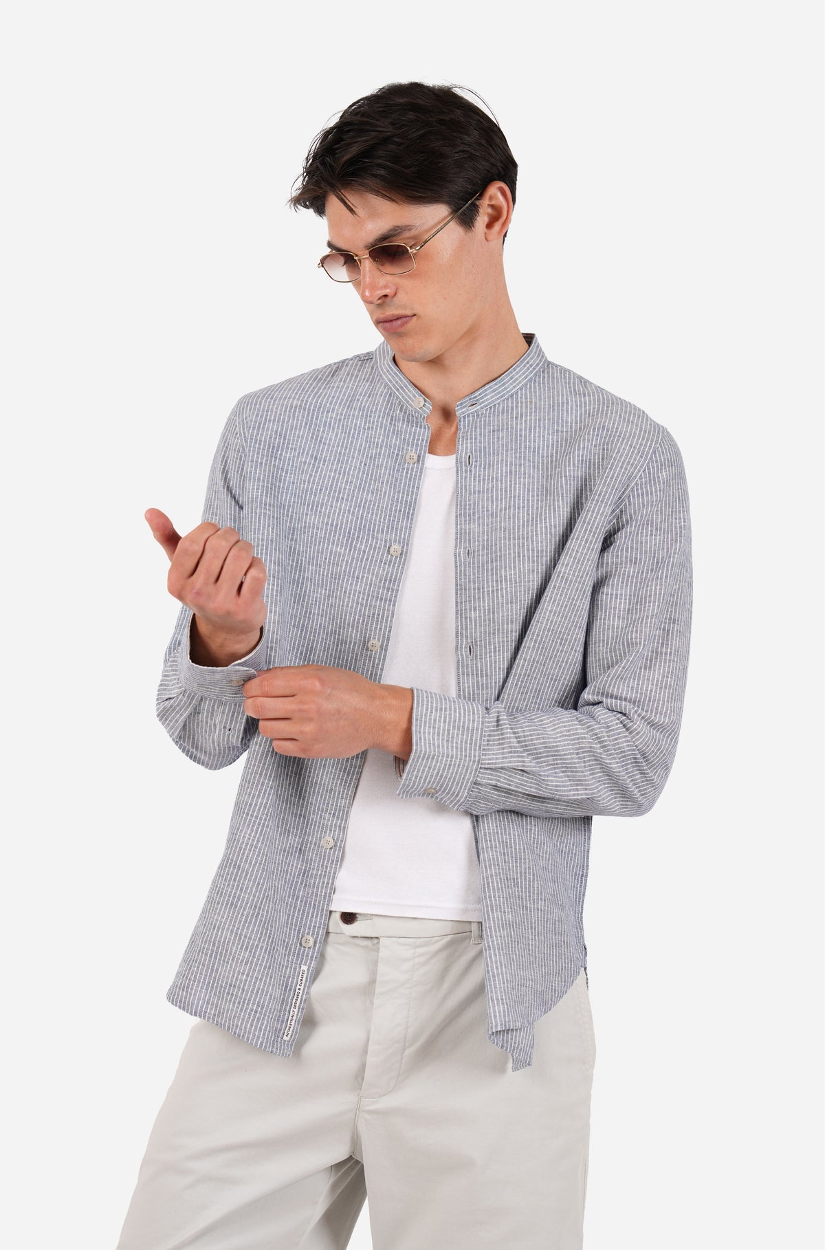 Long Sleeve Linen Blend Grandpa Collar Fine Stripe Shirt Blue