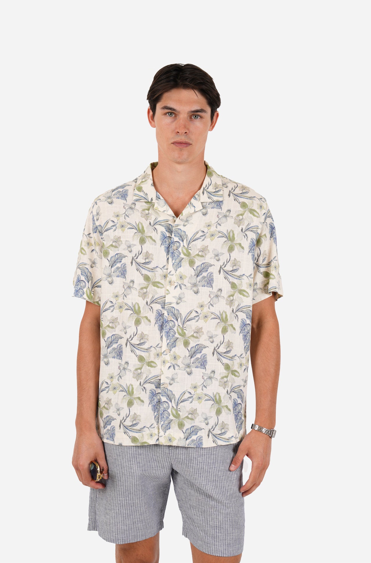 Short Sleeve Floral Print Linen Blend Shirt Green