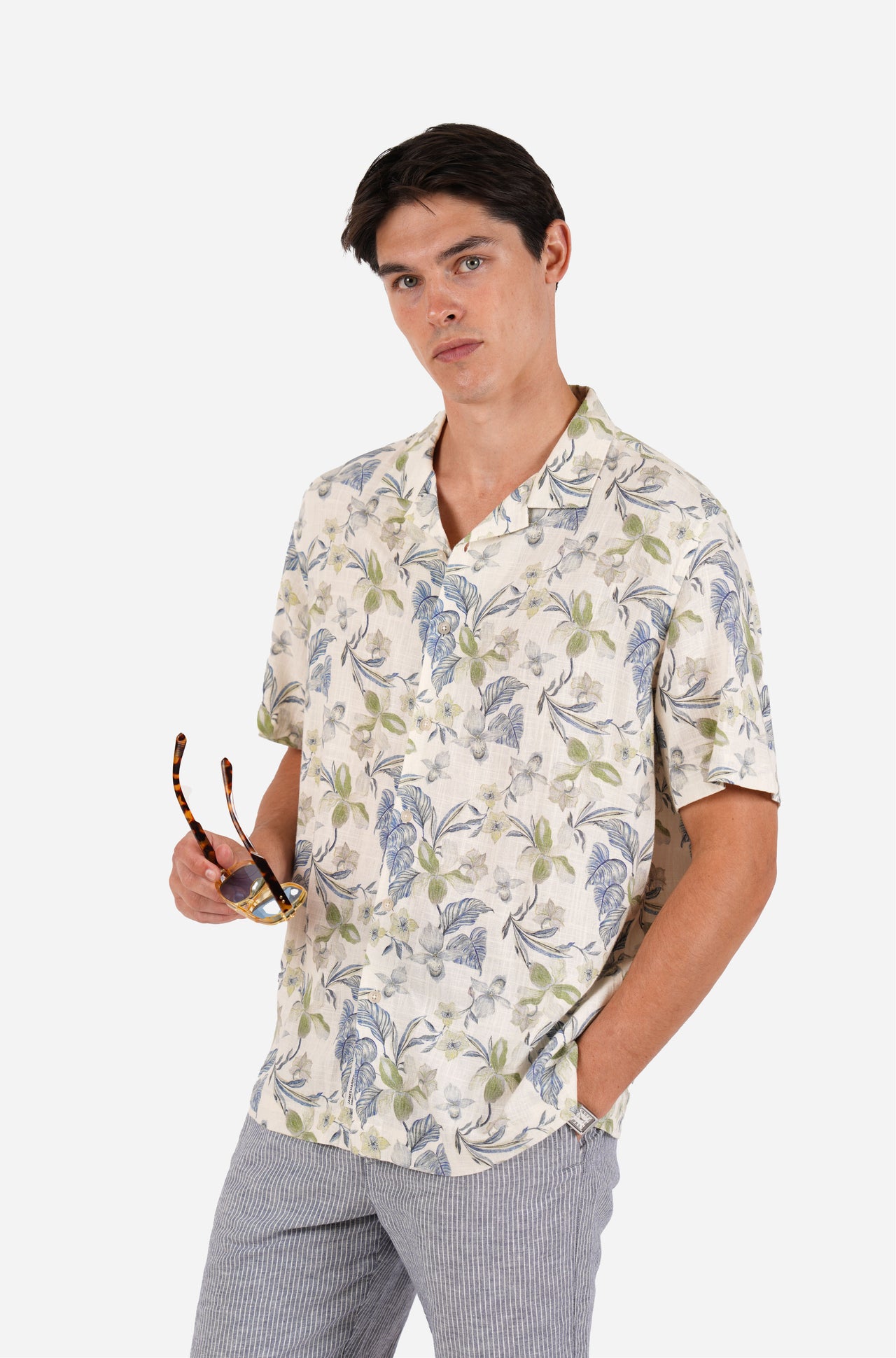 Short Sleeve Floral Print Linen Blend Shirt Green